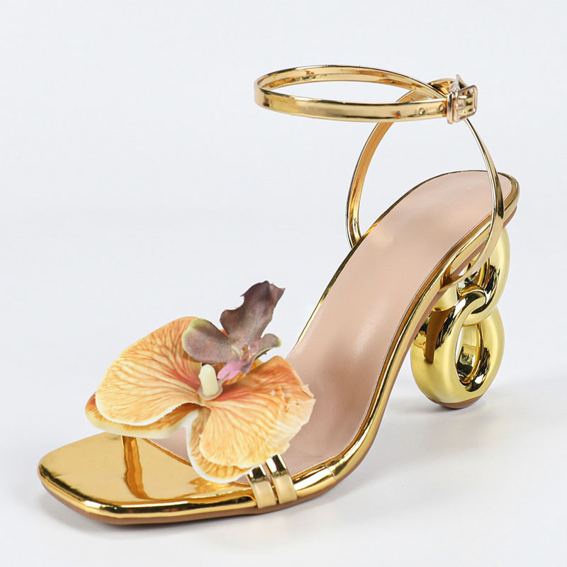Women'S Shoes Quality - Aneikeh ゴールデン オープントゥ バックルストラップサンダル エレガントな花柄装飾 スクエアトゥ