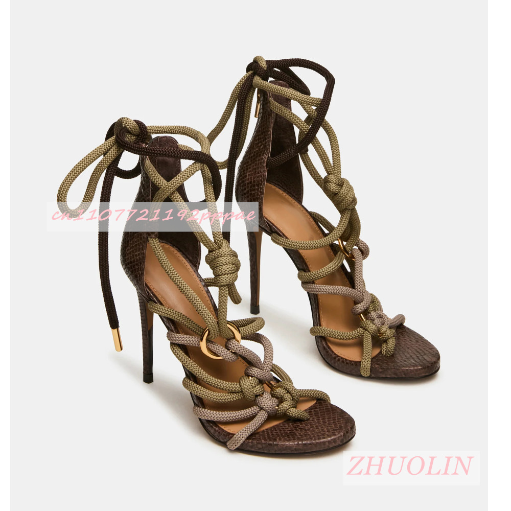 Women'S Shoes Quality - レトロな蛇皮厚いロープクロスストラップハイヒール女性のオープントゥラウンドトゥスティレットサンダルセクシーな夏のパーティードレスシューズ