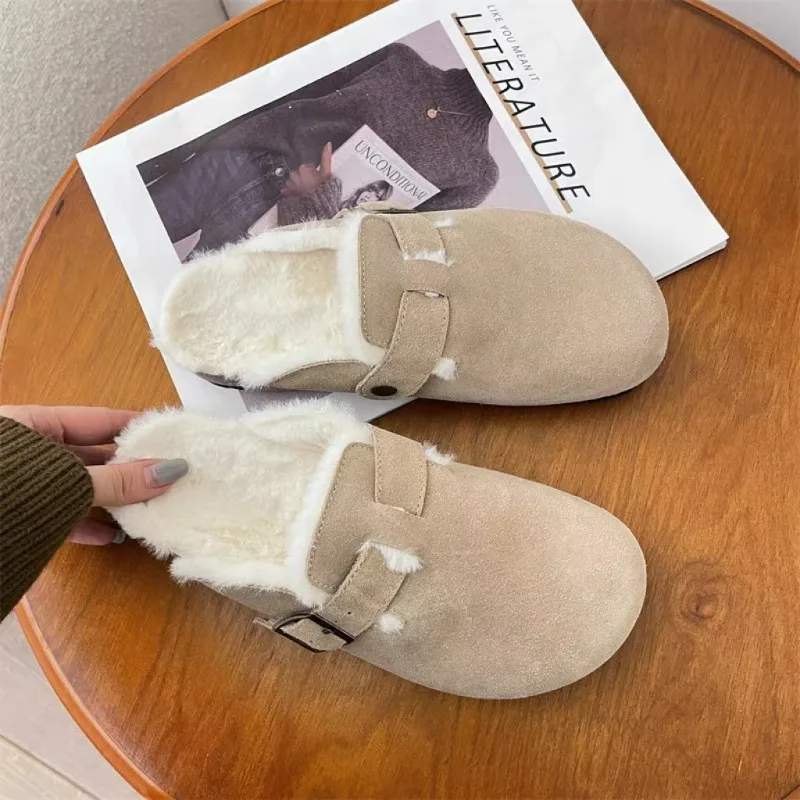 Women'S Shoes Clogs - 女性用、冬の新作、快適な履き心地のクラシックなファーサンダル。コルクインソール、アーチサポート付き、ふわふわの裏地、暖かく快適なスエード素材の靴。