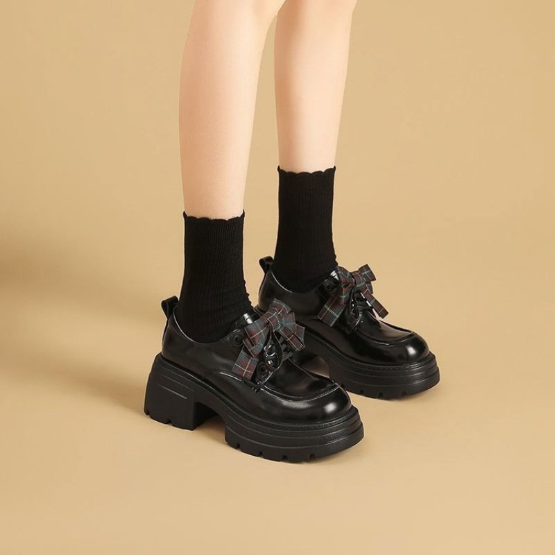 女性用、かわいらしいチェック柄のリボン付きプラットフォームオ - Oxford Lace Up Women のレビューと価格
