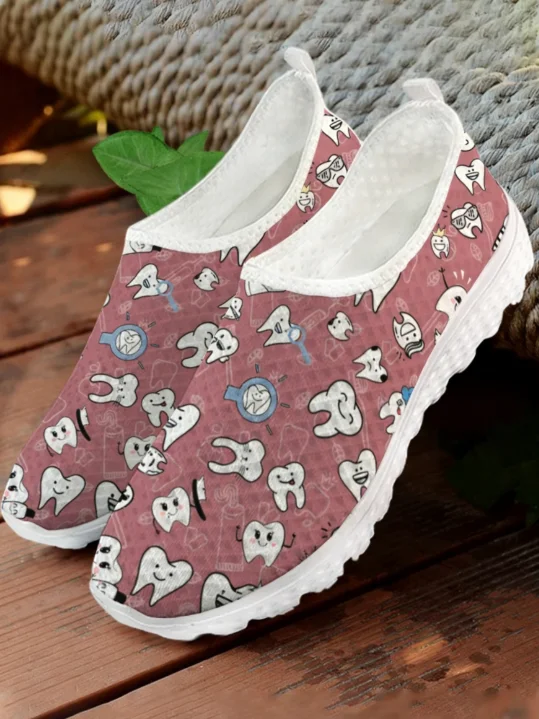 白い漫画風歯柄プリントメッシュ高品質スニーカー、男女兼用、テ - Women Shoes Tennis のレビューと価格