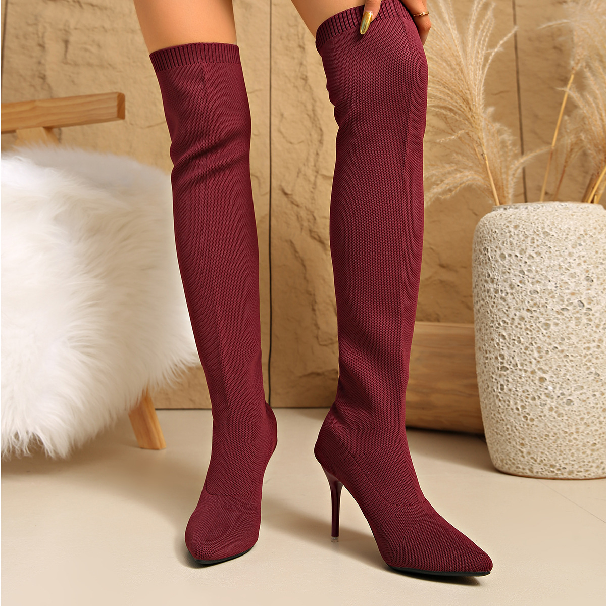 膝丈ソックスブーツ、女性用、薄底ハイヒール、ニット素材、ポイ - Sock Boot Women のレビューと価格