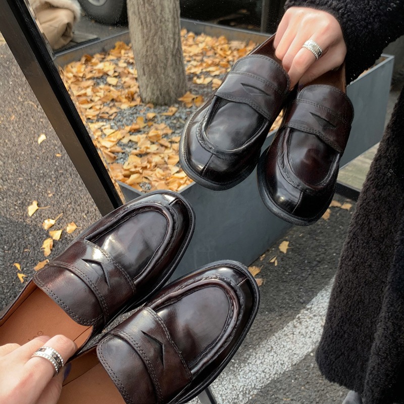 高品質の牛革の靴女性春の新レトロ厚いヒールワンペダル浅いロー - Women'S Shoes Quality のレビューと価格